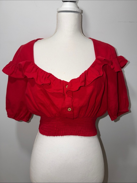 Zara Tops - Zara Ruffle Crop Puff Sleeve Blouse‎ M Linen Top July 4th Festival Boho Fairy